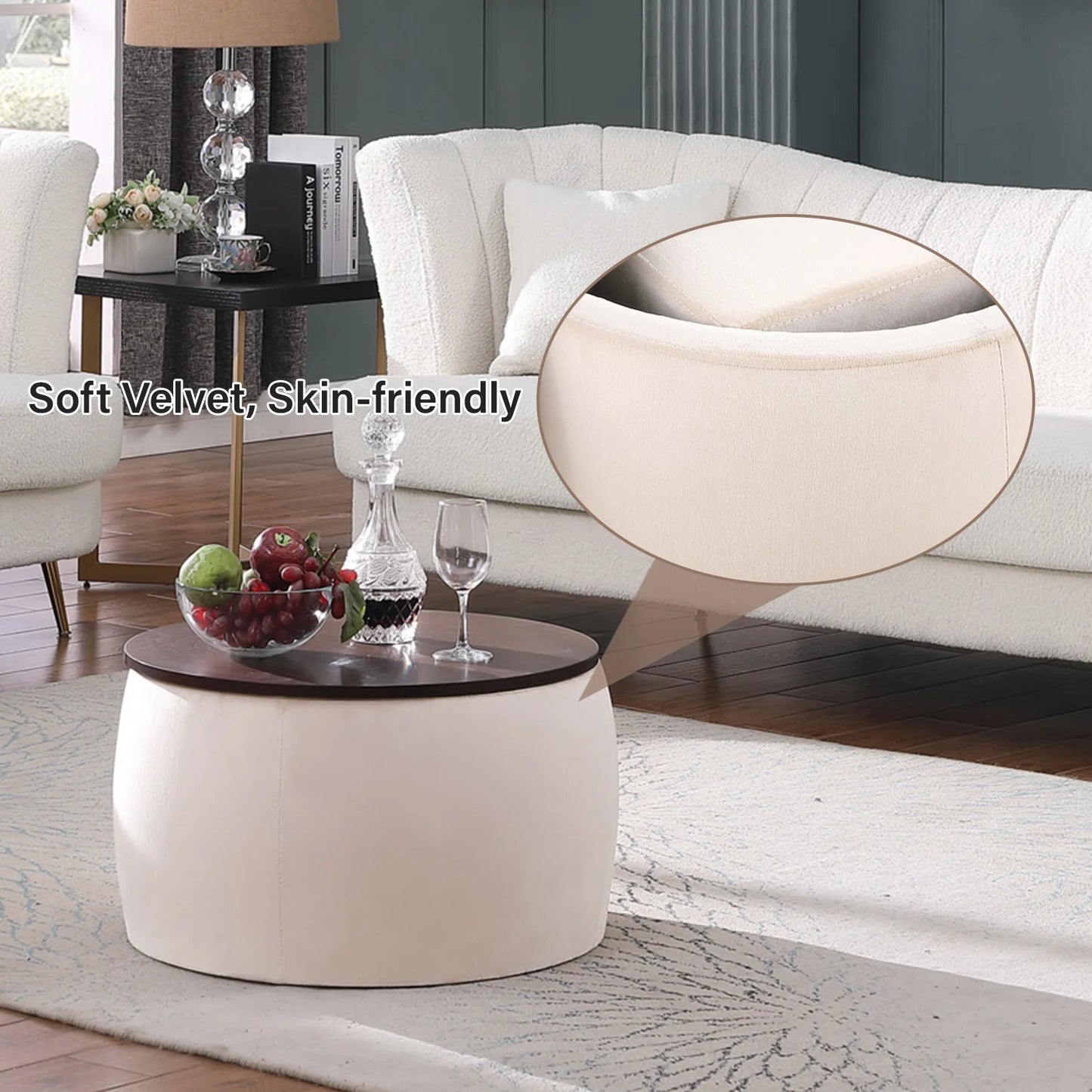 2 in 1 Storage Ottoman with Tray, round Ottoman Coffee Table with Foot Rest