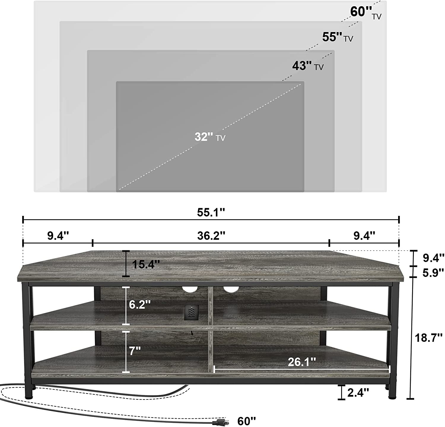 TV Stand with Power Outlet, 4 Open Storage Cabinet Shelve, for 55 Inch TV, Gray Oak