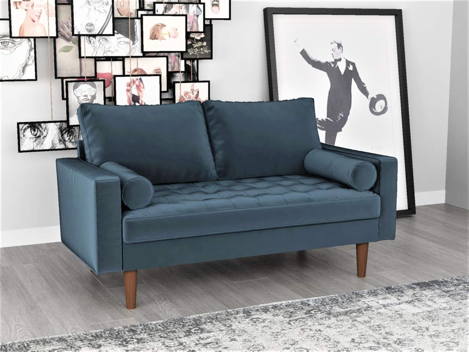 Womble Mid Century Modern Velvet Upholstered Tufted Seat with Bolster Pillows, Loveseat, Oxford Blue