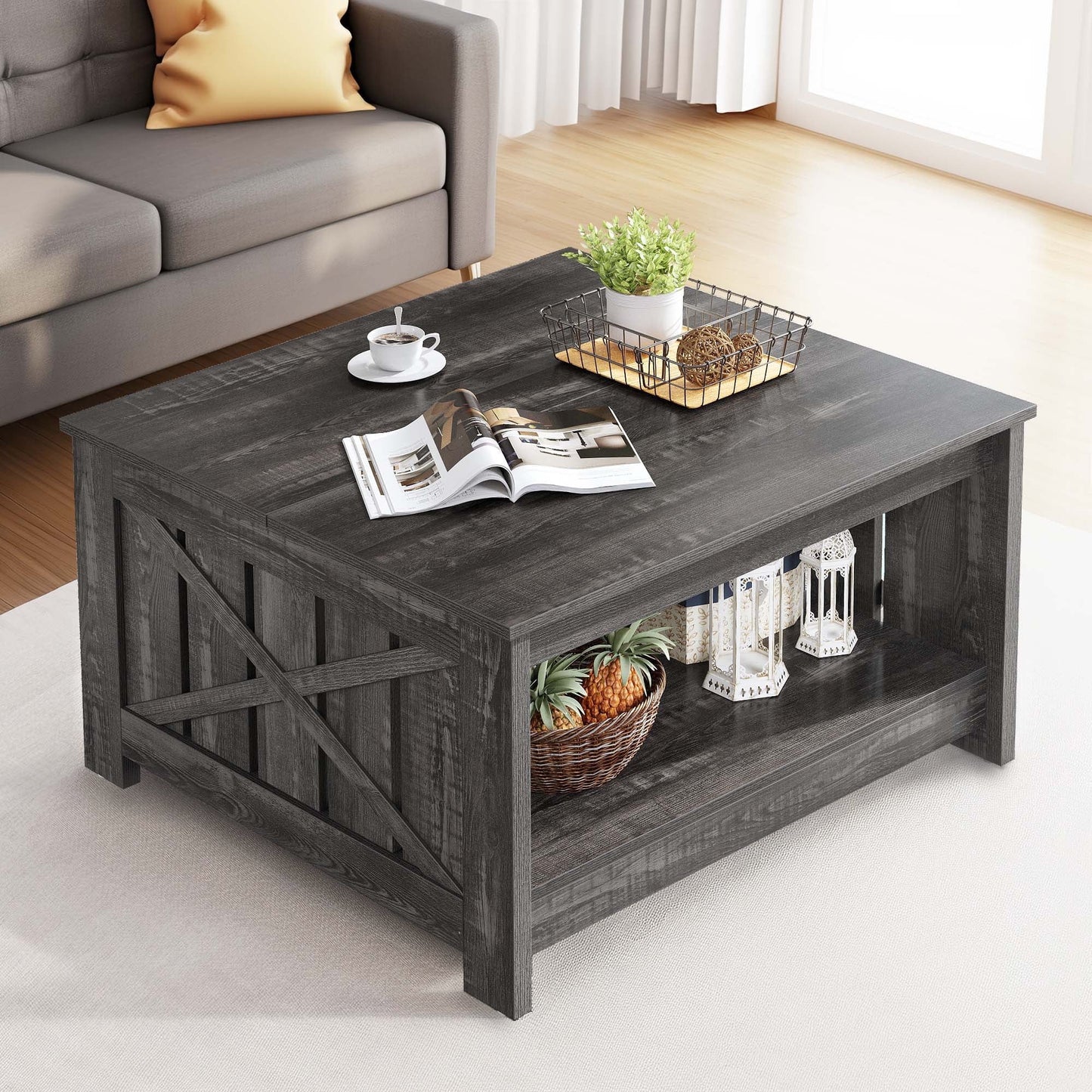 Coffee Table, Square Coffee Table with Half Open Storage Compartment, Rustic Gray