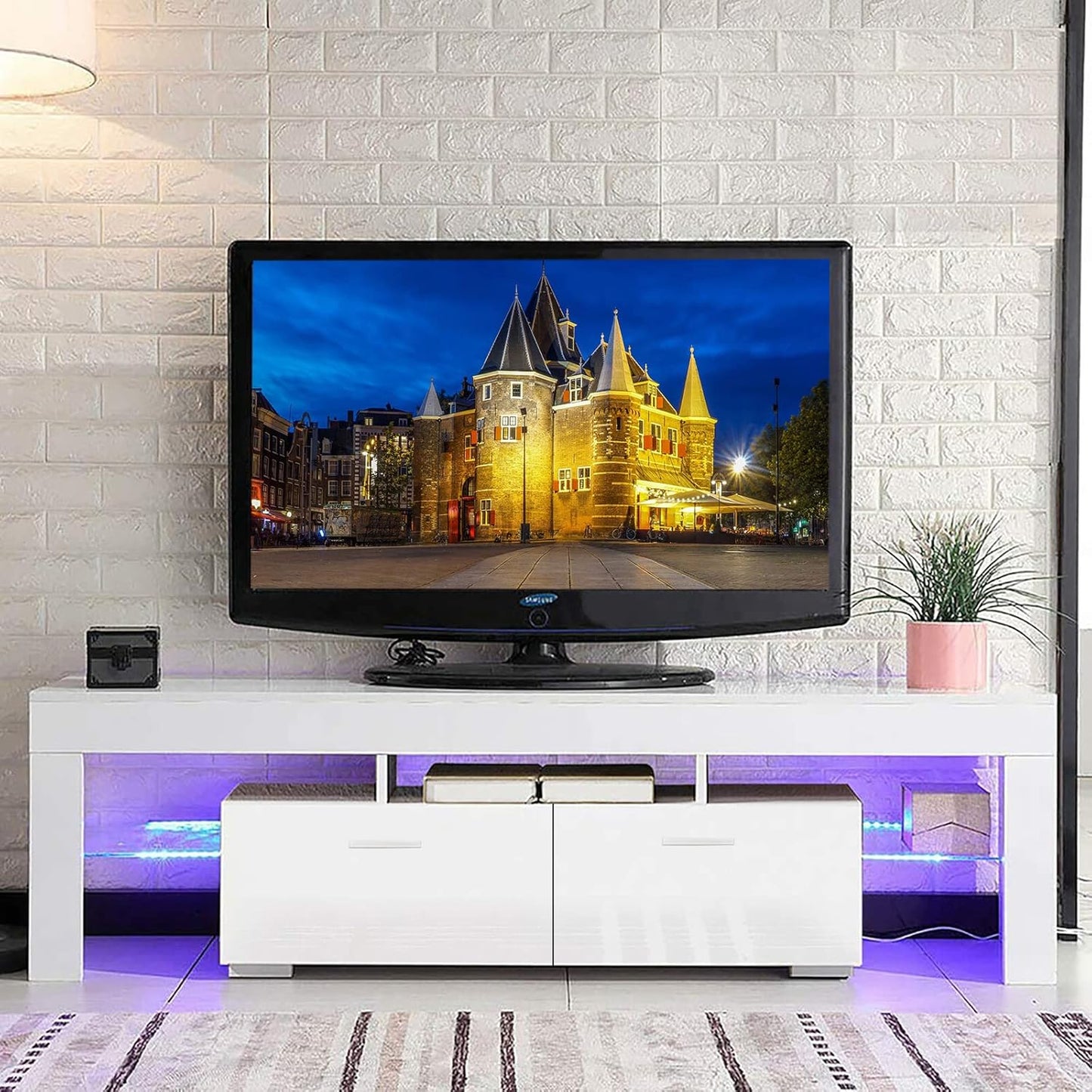 Modern White LED TV Stand with 16 Colors Light, for 70 Inch Tvs