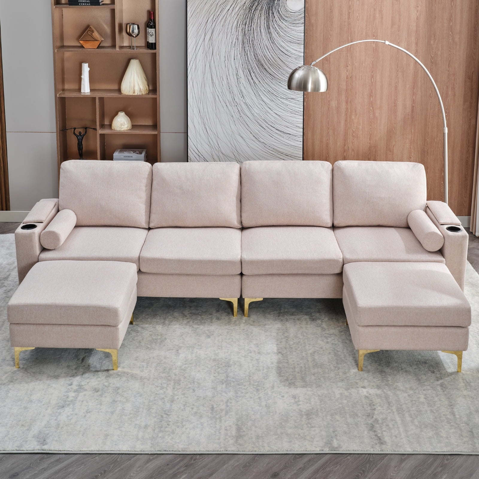 U Shaped Sectional Sofa with Metal Frame - Beige