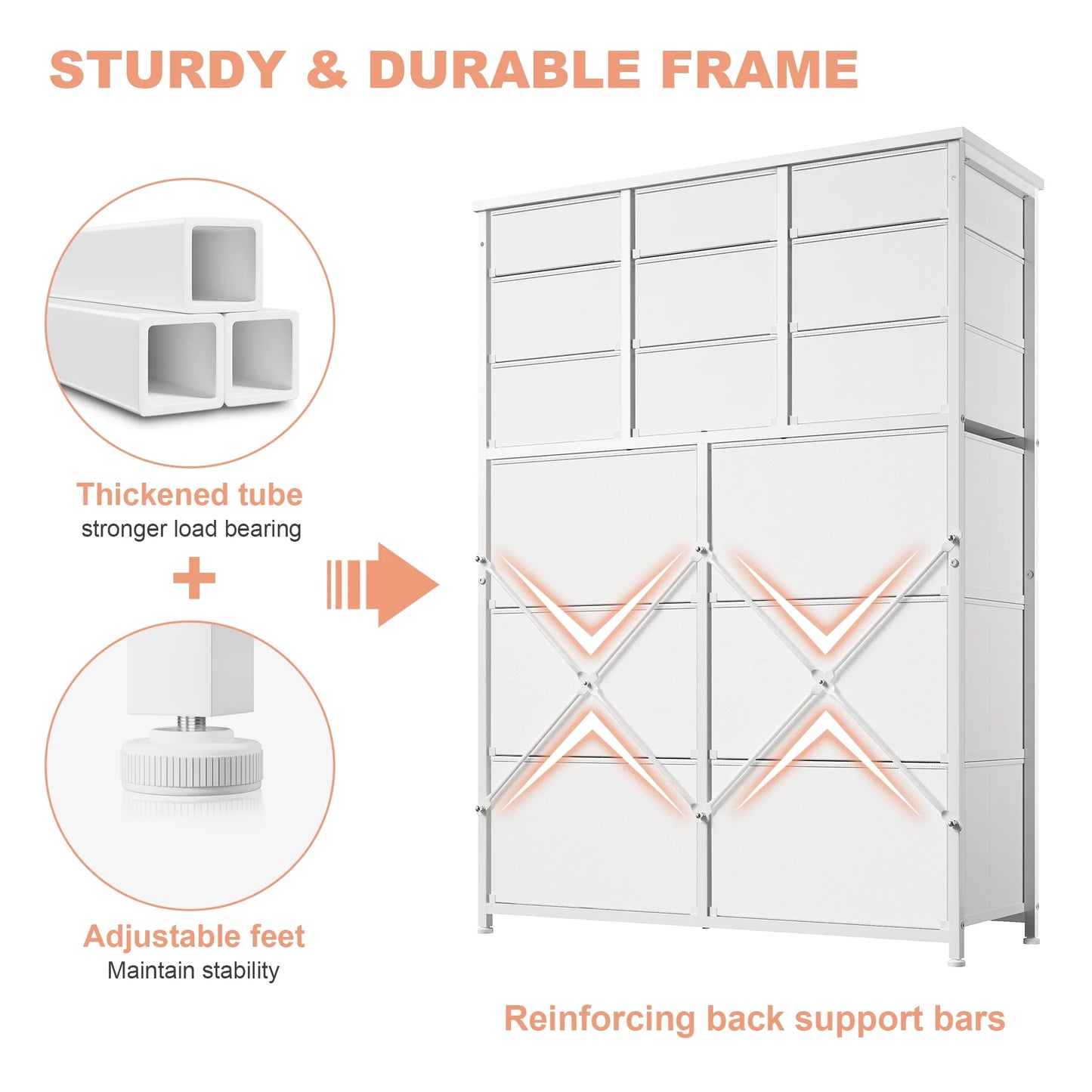 15 Drawer White Dresser, Tall Dressers with 15 Drawers, with Wood Top and Metal Frame, White