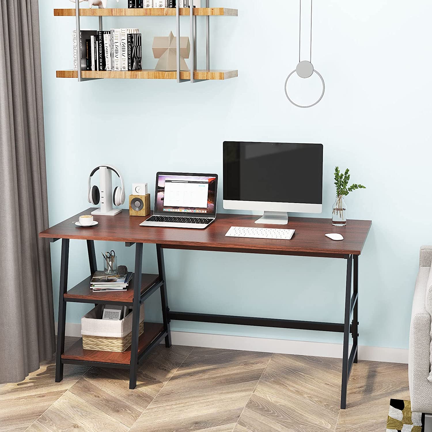 55Inch Desk Computer Desk with Shelf (Red Walnut, 55 Inches)