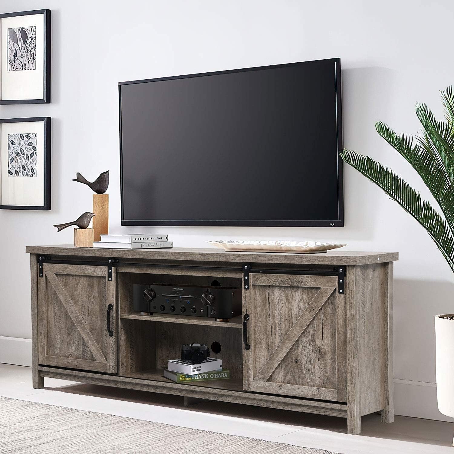 Farmhouse TV Stand with Sliding Barn Doors Entertainment Center for 65 Inch TV, Rustic Gray Wash