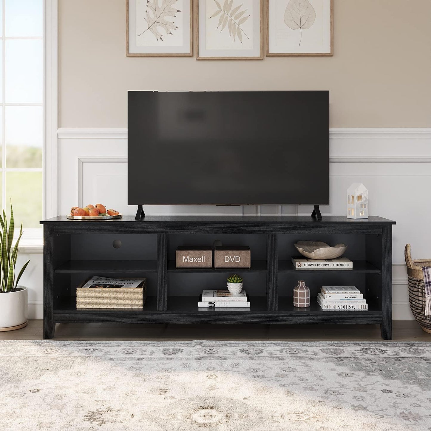 TV Stand, 6 Open Media Storage for Tvs up to 80 Inches, (70 Inches Black)