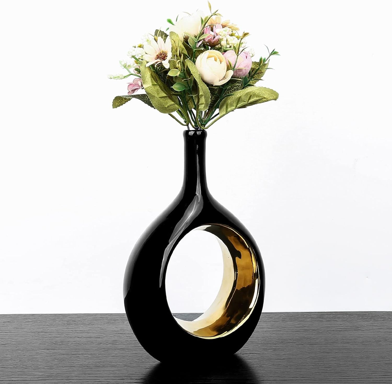 Samawi Black and Gold Vase Set of 2, Flower Vase Decorative Vases