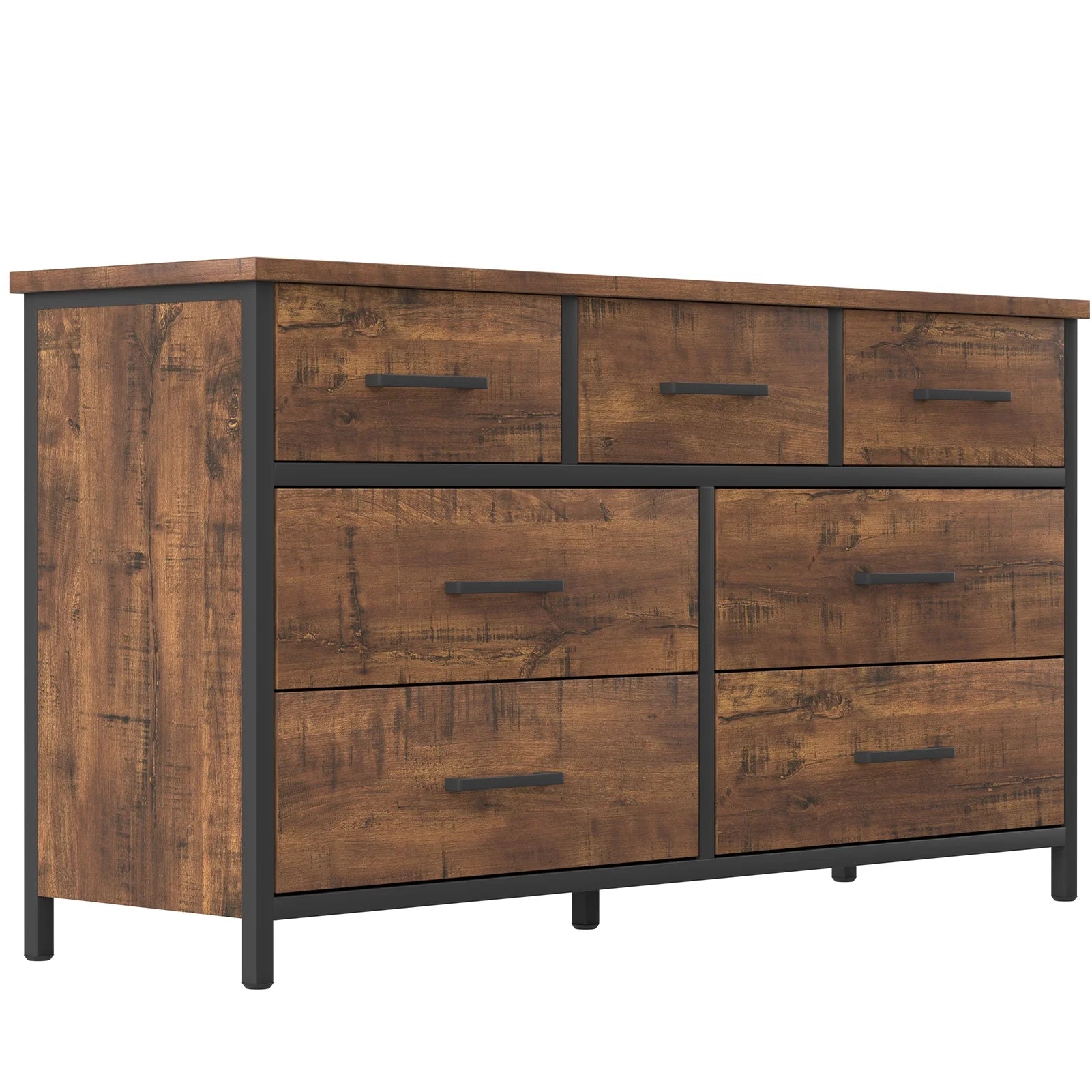 7 Drawer Dresser, Industrial Wood Storage Dressers & Chests of Drawers with Sturdy Steel Frame