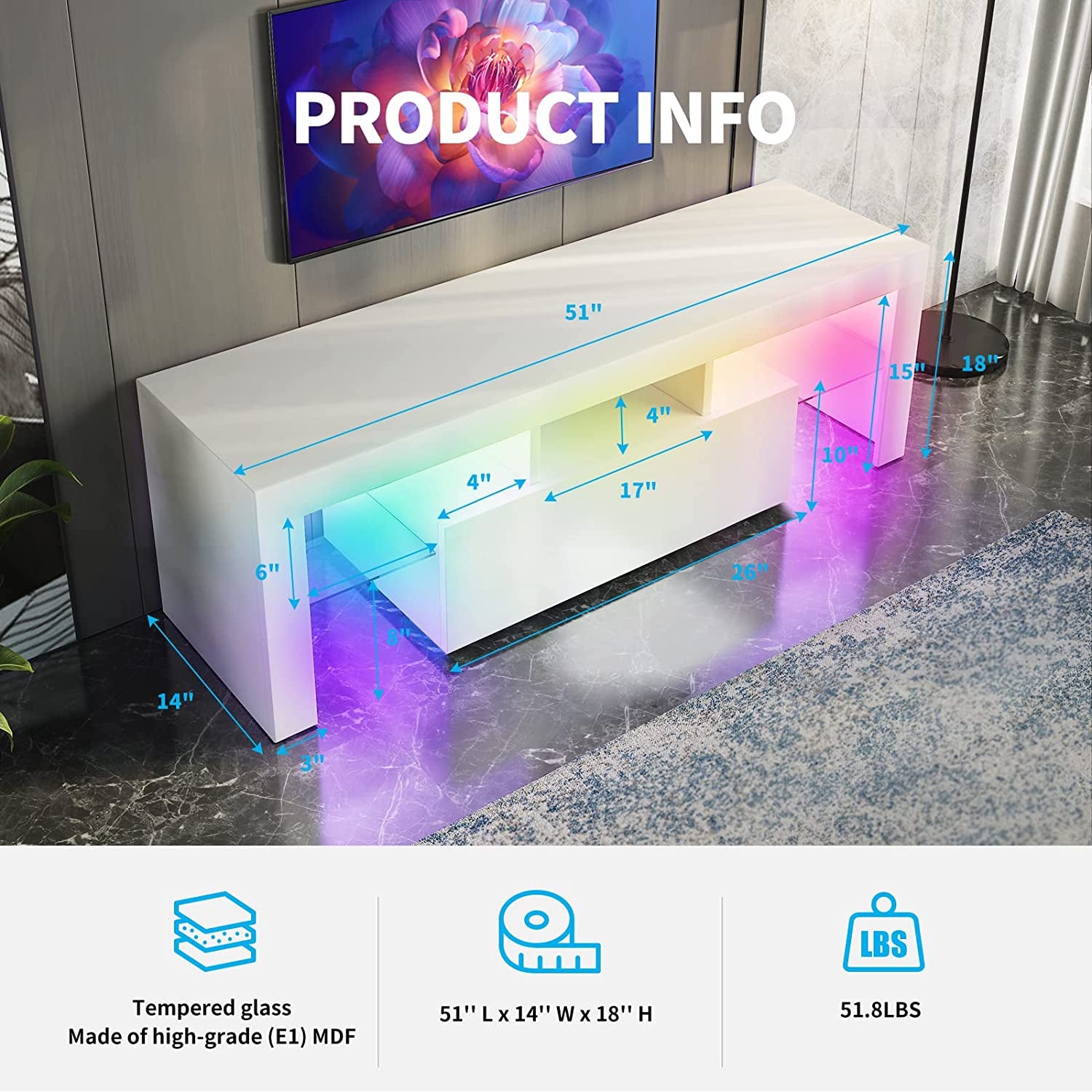 LED TV Stand for 55+ Inch TV, White TV Stands with Smart RGB LED Strip Light (Smart White)