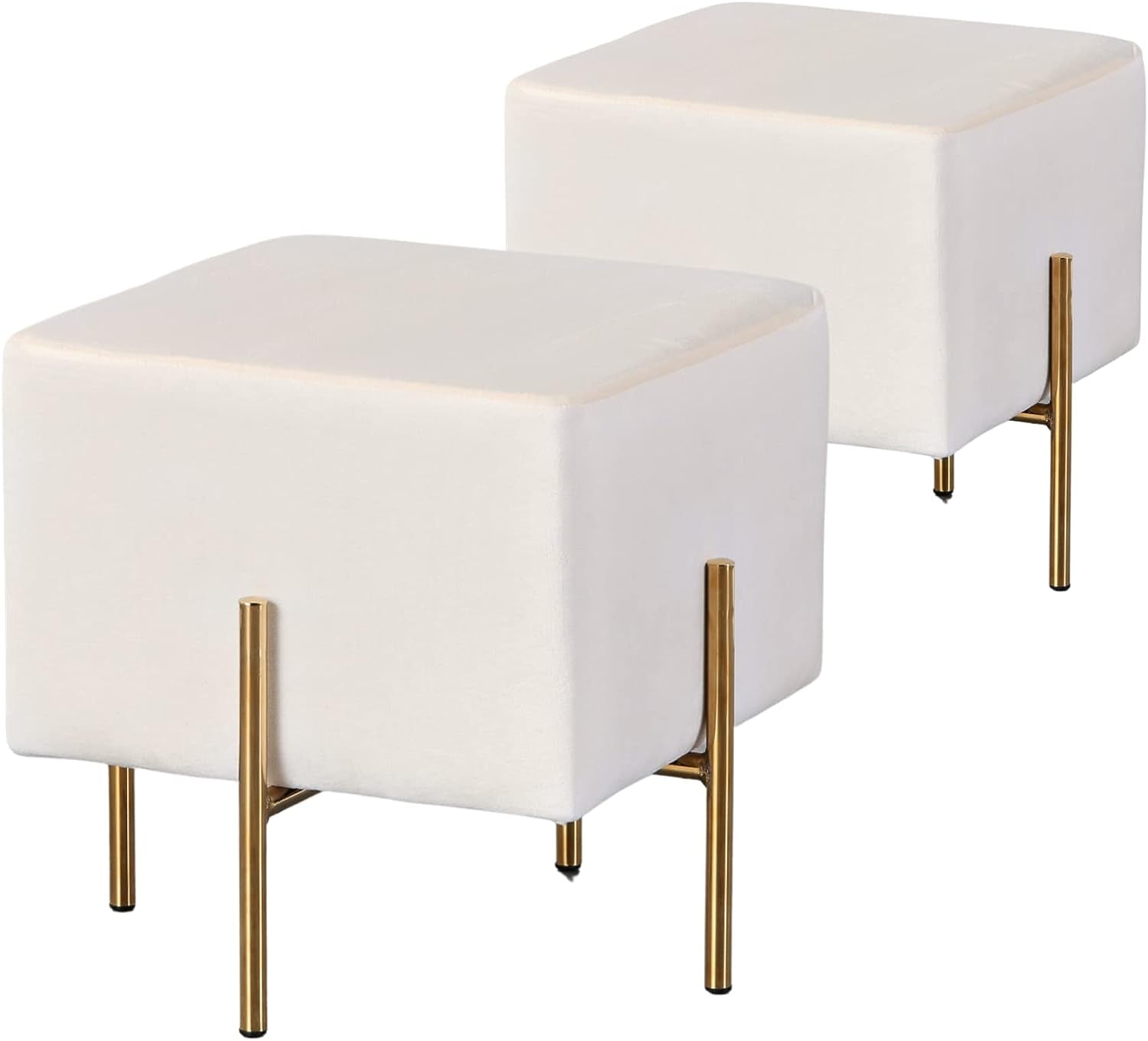 Velvet Ottoman Stool Set of 2, Cream Modern Gold Vanity Stool Square, Contemporary Foot Stool Ottoman, (Cream)