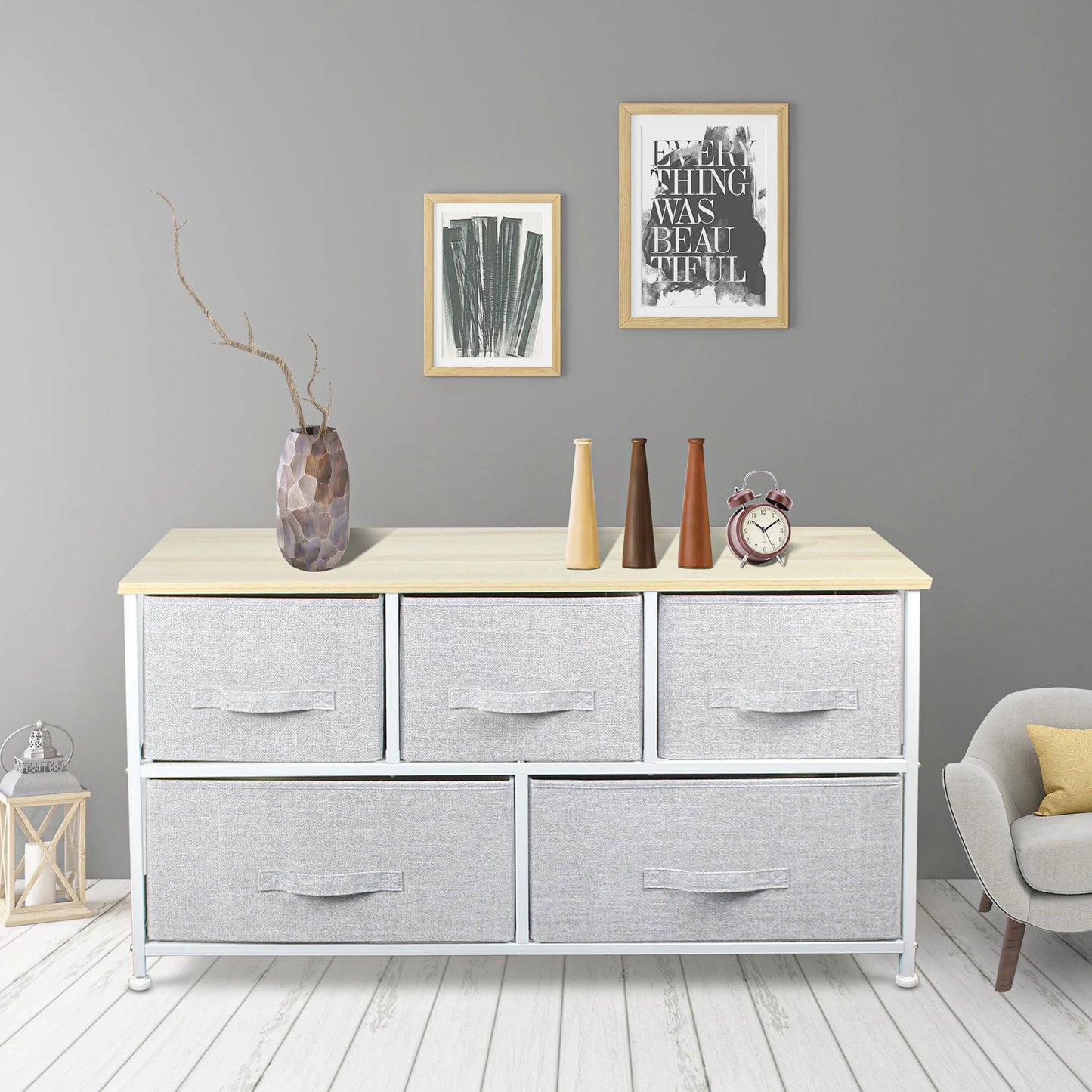 Dresser Storage Organizer, Fabric Dressers Steel Frame, Wood Top (Light Grey-5 Drawers)