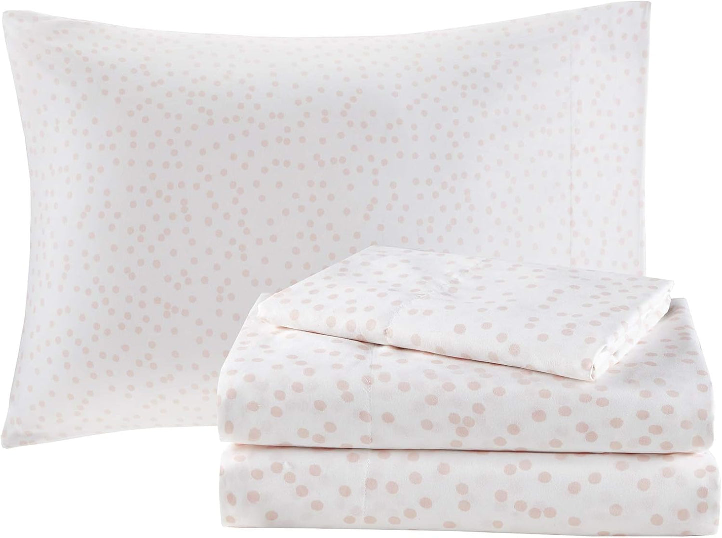 Lorna Metallic Mermaid Scale Scallop Print Comforter with Polka Dots Sheet Set, Twin, Blush 6 Piece