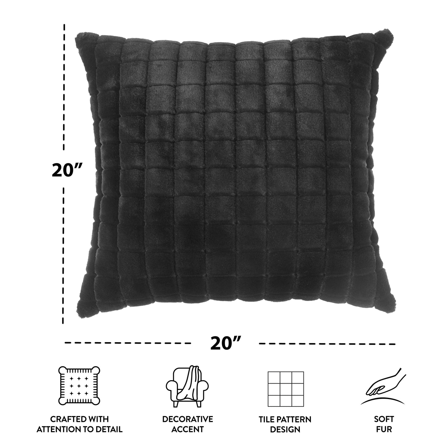 Square Tile Faux Fur Black Pillow, 20 in X 20 In, Polyester Fill