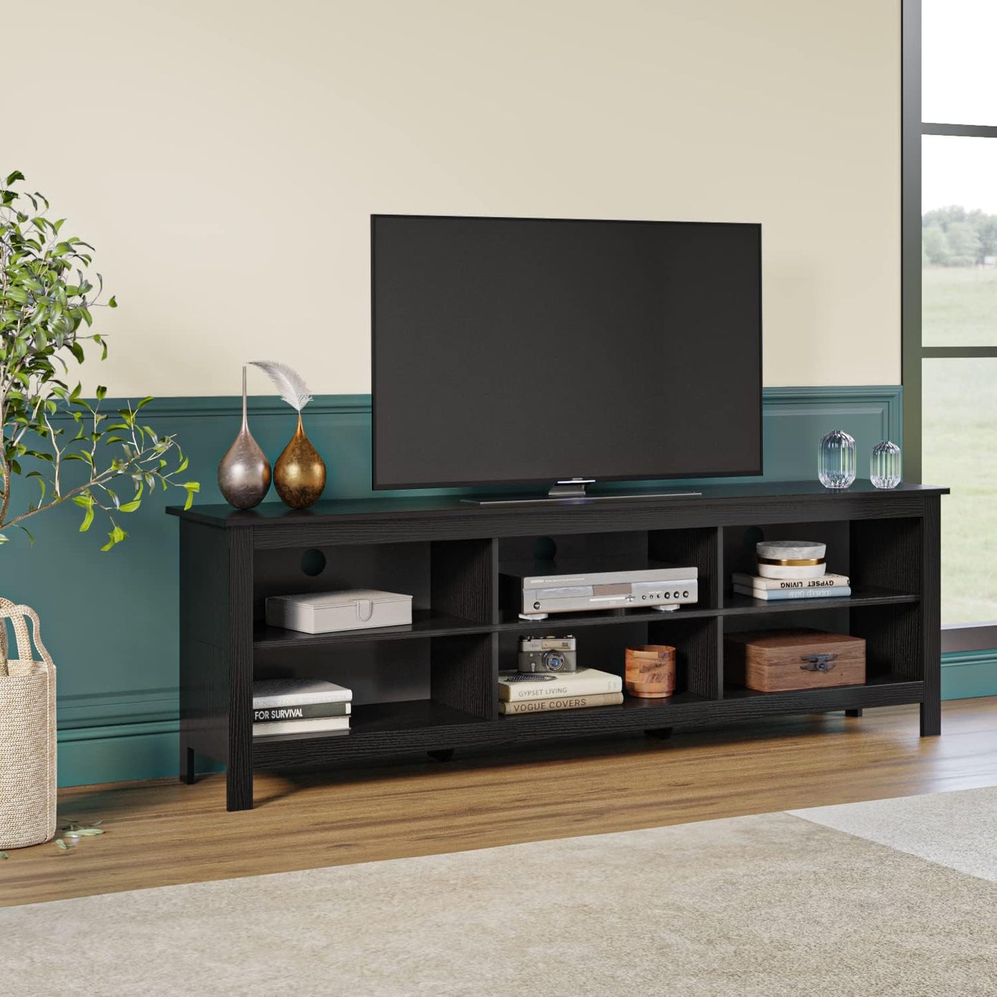 TV Stand, 6 Open Media Storage for Tvs up to 80 Inches, (70 Inches Black)