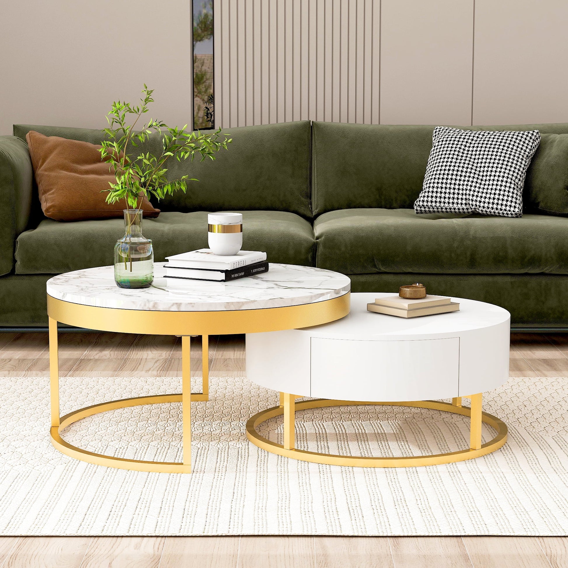 2pc Gold Nesting Coffee Table Set - Storage Drawers