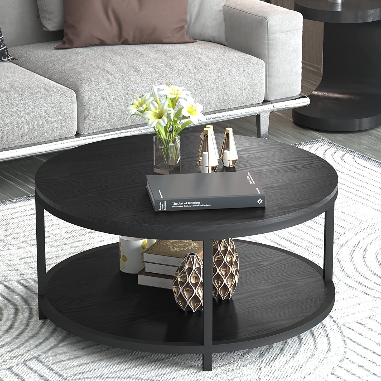 36 Inches round Coffee Table, Rustic Wooden Surface Top & Sturdy Metal Legs with Storage Open Shelf (Black)