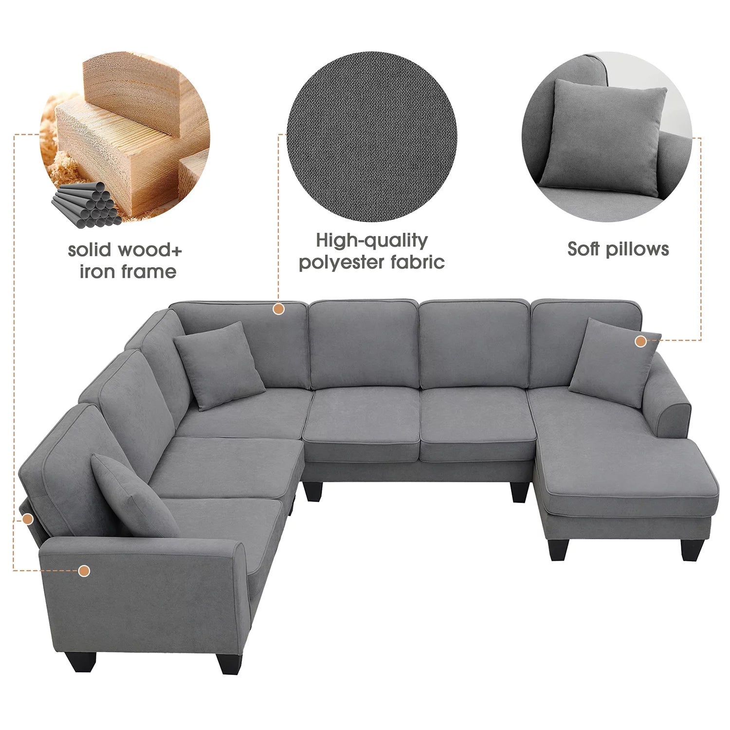 Convertible Modular Sectional Recliner, U Shaped Couch 7 Seat Fabric,Dark Gray