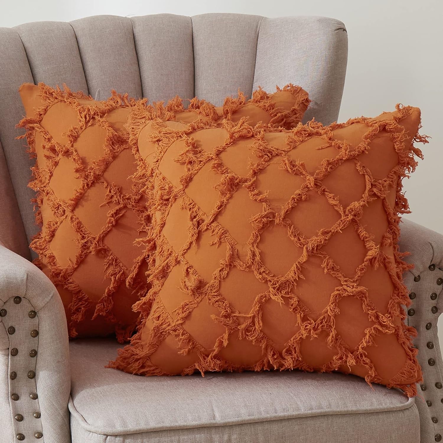 Burnt Orange Throw Pillow Covers, Set of 2 Decorative Tan 18” X 18” Square Cotton Linen Pillowcases with Zipper No Inserts 18“ X 18”