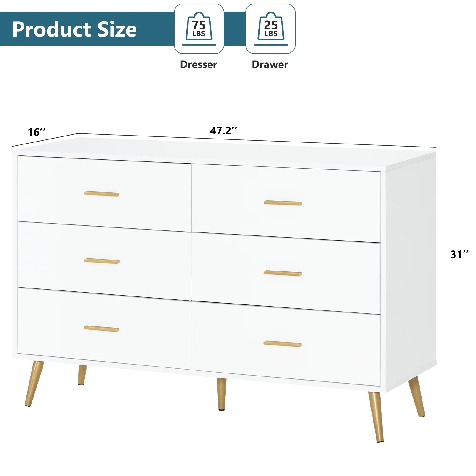 6 Drawer Dresser, Modern Wood, with Wide Drawers and Metal Handles, (White-47.2")