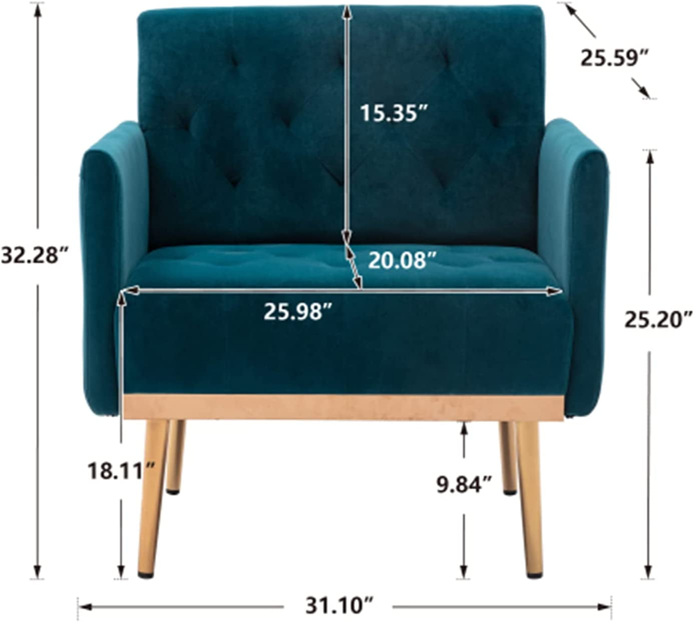 Square Velvet Accent Chair, Golden Metal Leg Single Sofa Chair, (Teal)