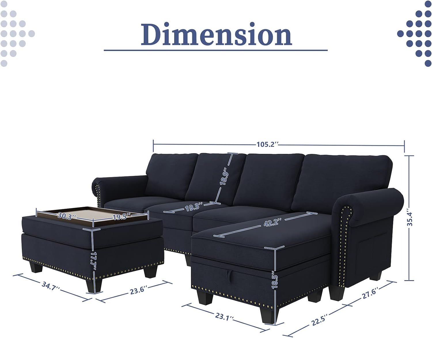 Convertible Sectional Sofa Couch, L Shaped Sofa, Reversible Couch, Denim Blue