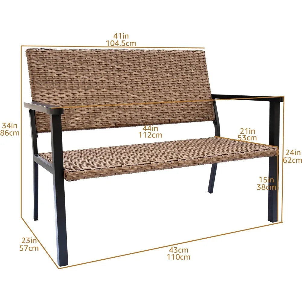 Outdoor Patio Bench Chair, Metal Frame, Natural All Weather Wicker Patio Benches