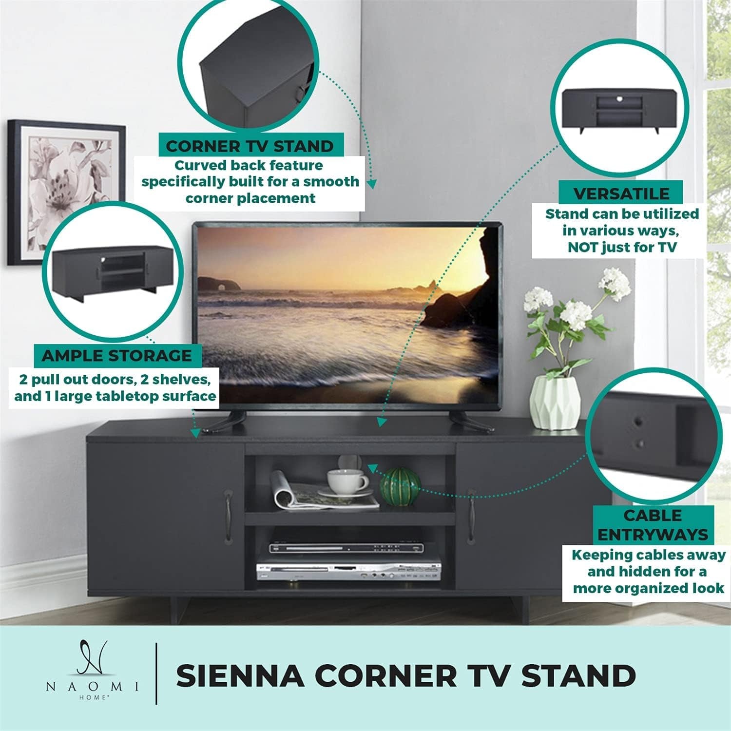 Sienna Corner 50" TV Stand, Storage Space, Low Profile TV Stand