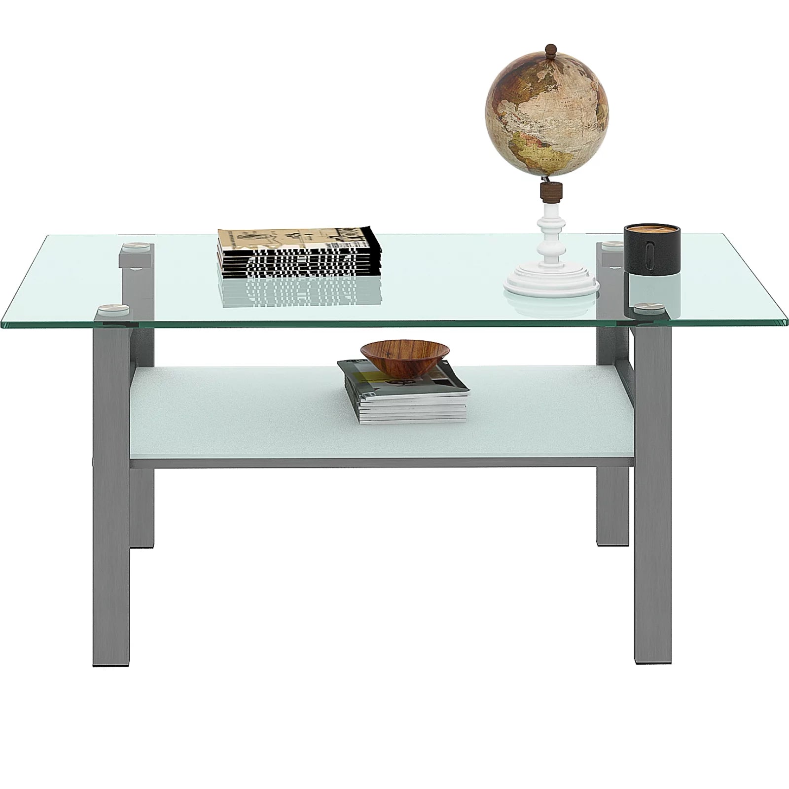 Rectangle Glass Coffee Table , with Gray Metal Legs, Clear Tempered Glass Top 