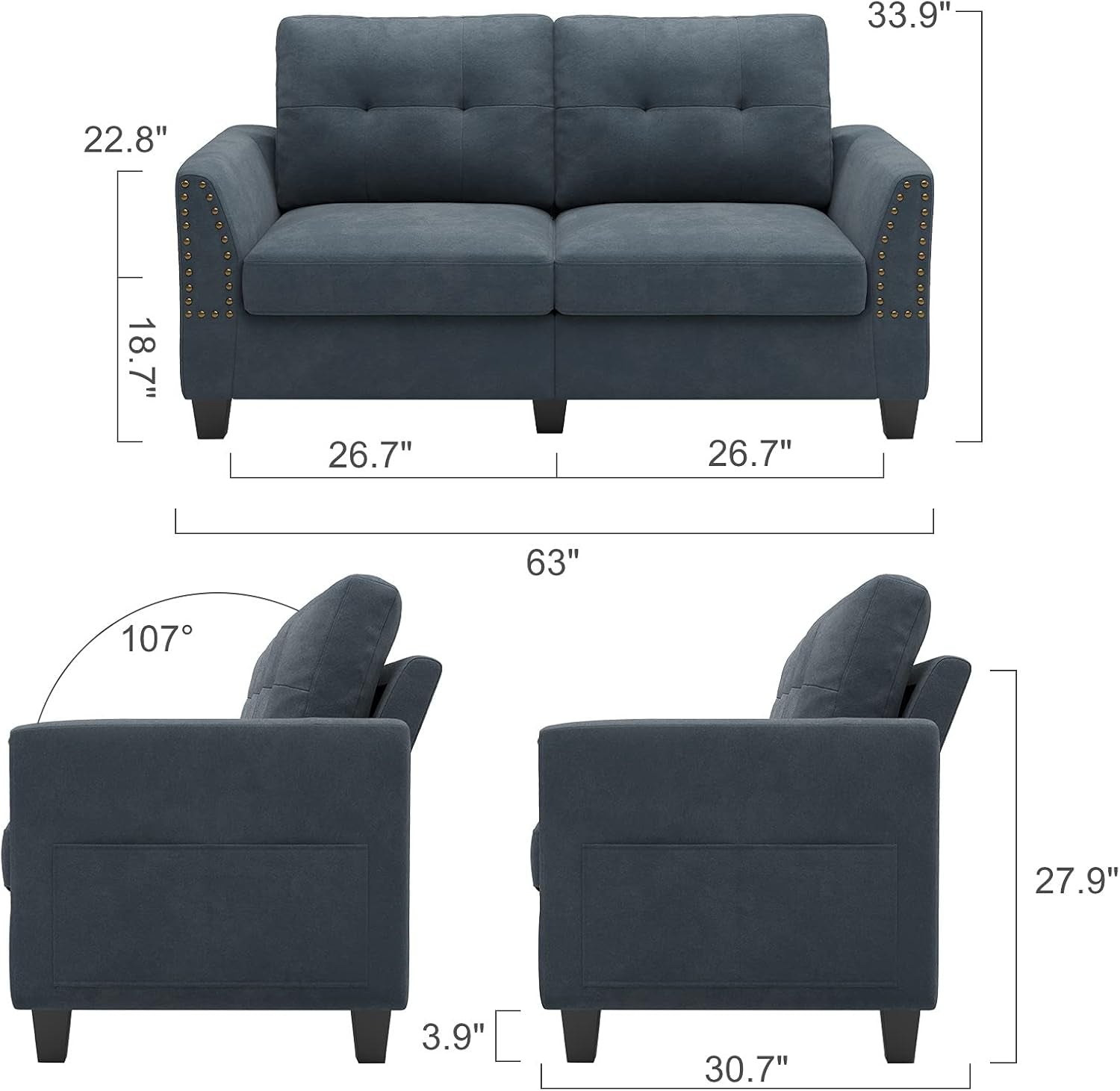 Loveseat Sofa Couch Bluish Grey Loveseat for Small Spaces