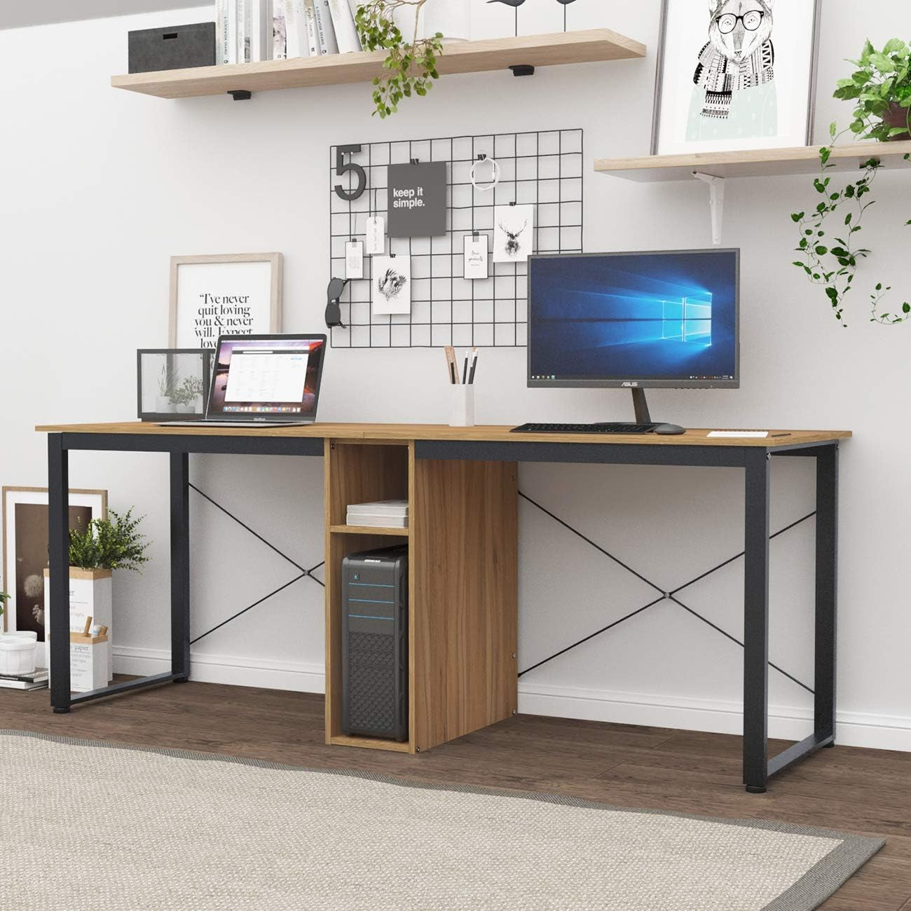 2 Person Desk, 78 Inch Large Dual Desk with Storage Cube, Long Computer Desk for 2 Person, Oak