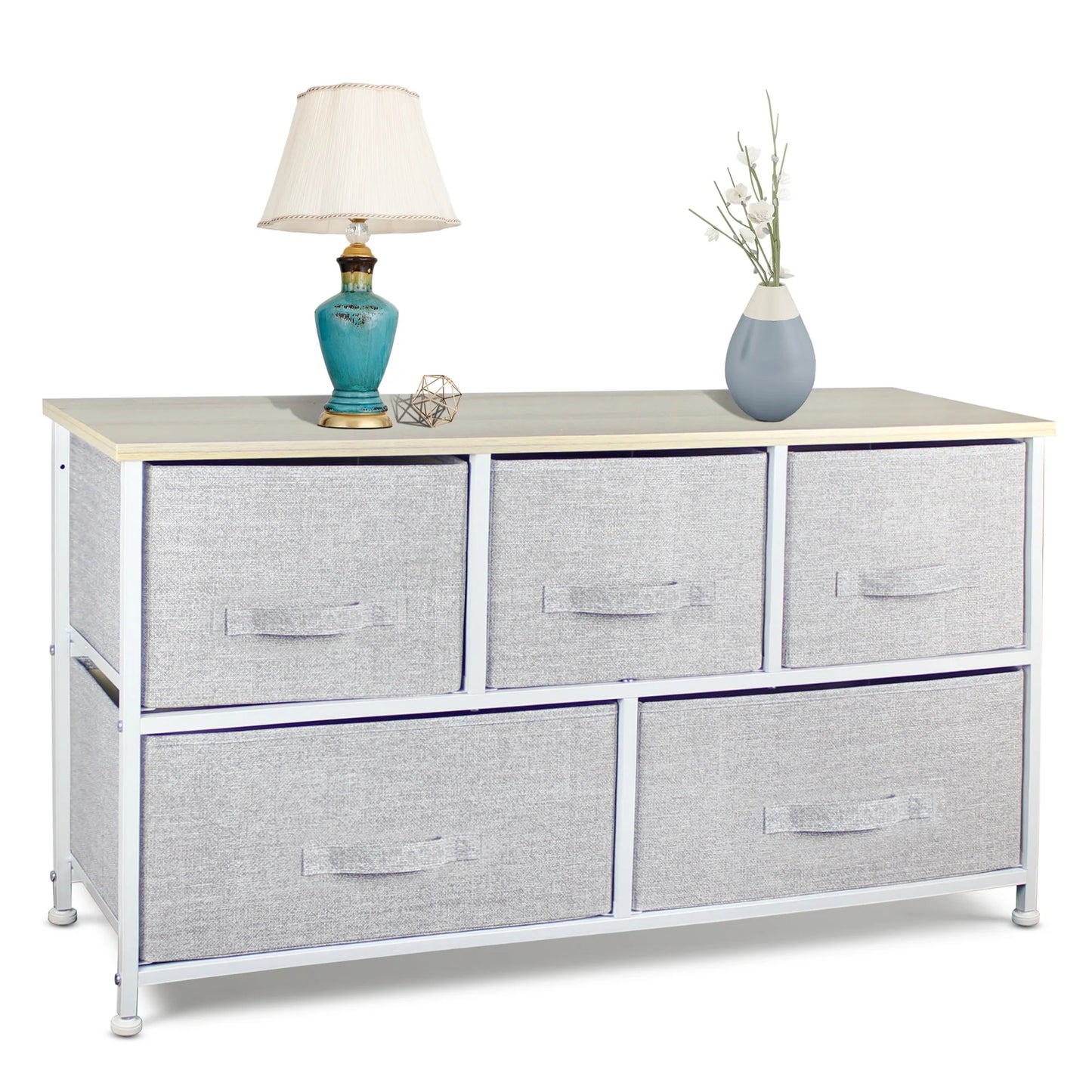 Dresser Storage Organizer, Fabric Dressers Steel Frame, Wood Top (Light Grey-5 Drawers)