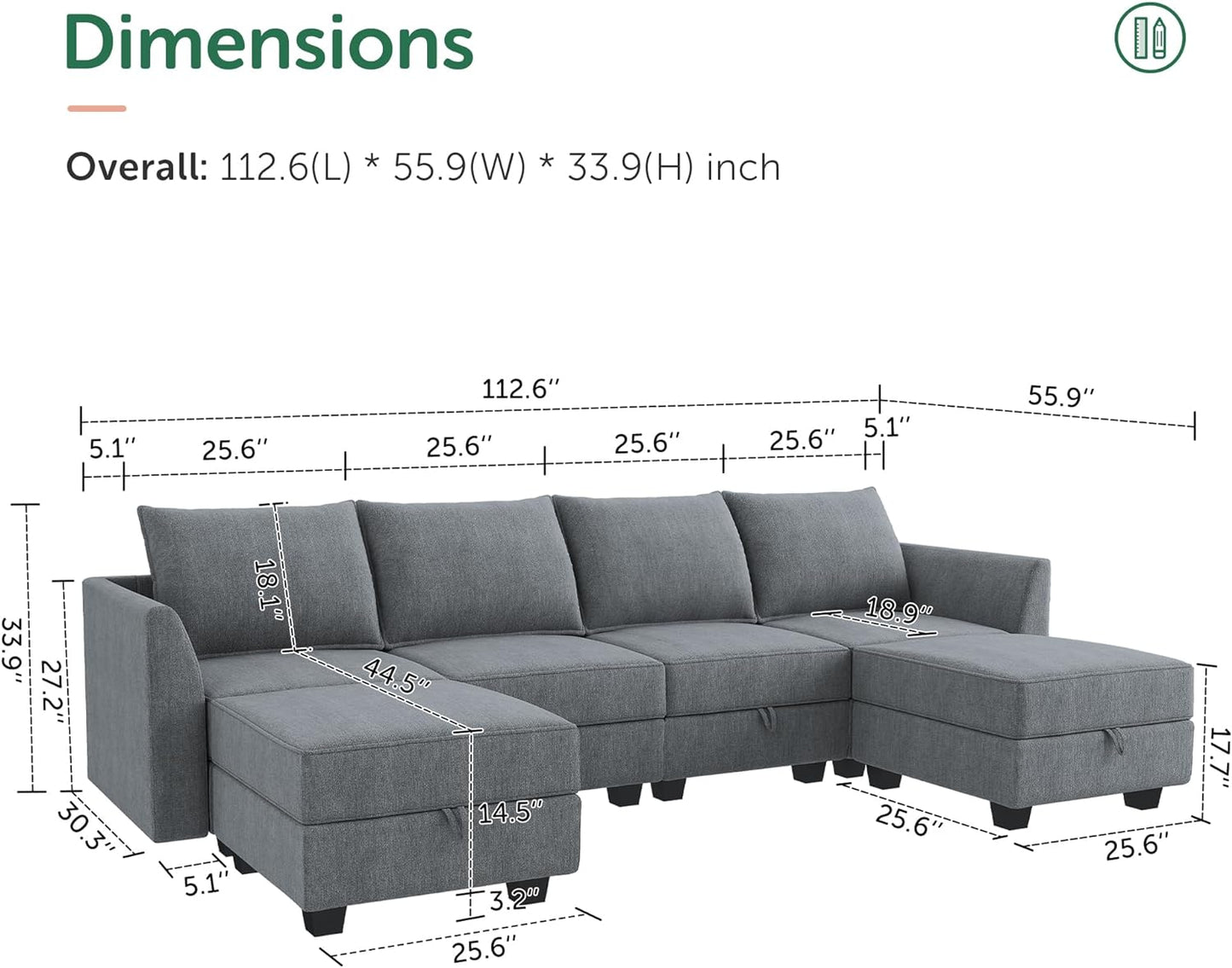 Modular Sectional Sofa U Shaped with Reversible Chaise with Storage, Bluish Grey