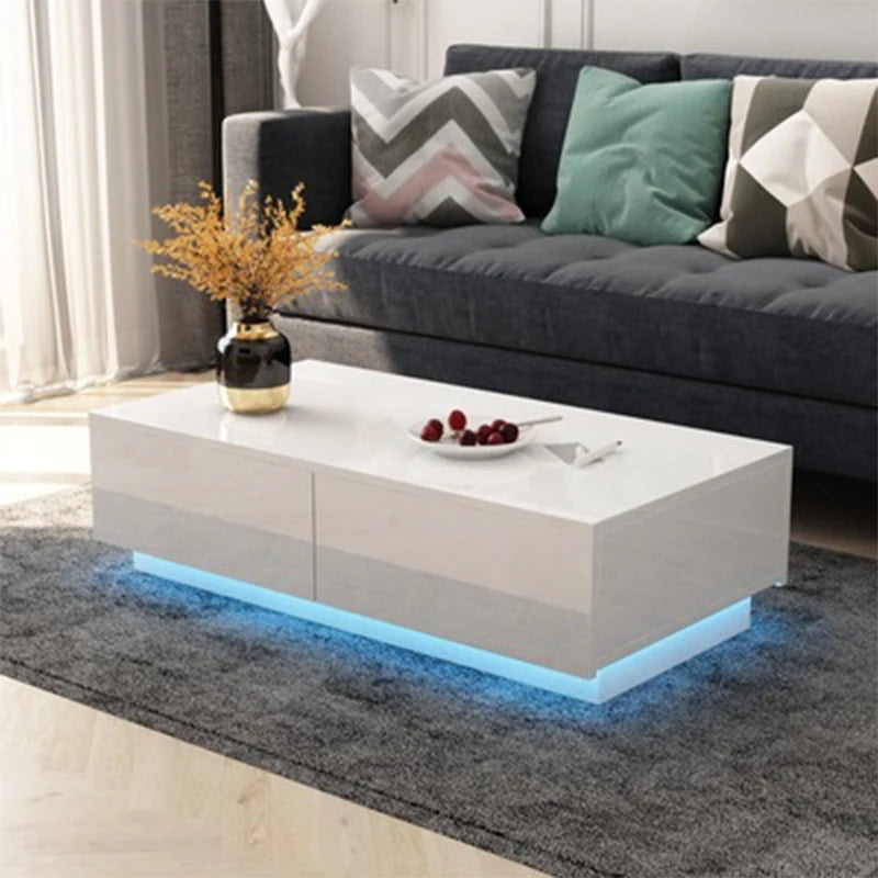 Modern Living Room High-Gloss RGB LED Coffee Table Coffee Table 2 Drawer Cabinet Storage