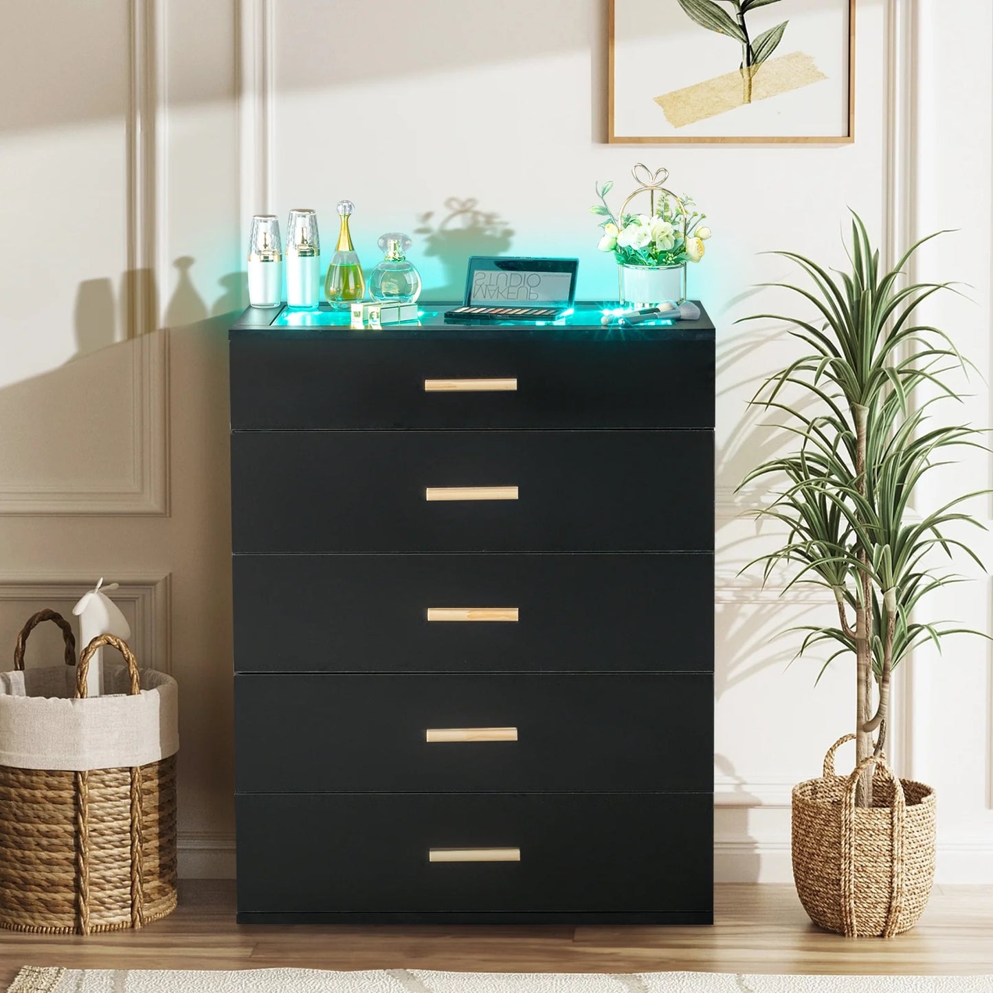 Black Chest with LED Lights, 5 Drawer with Tempered Glass Top, Grid Drawer