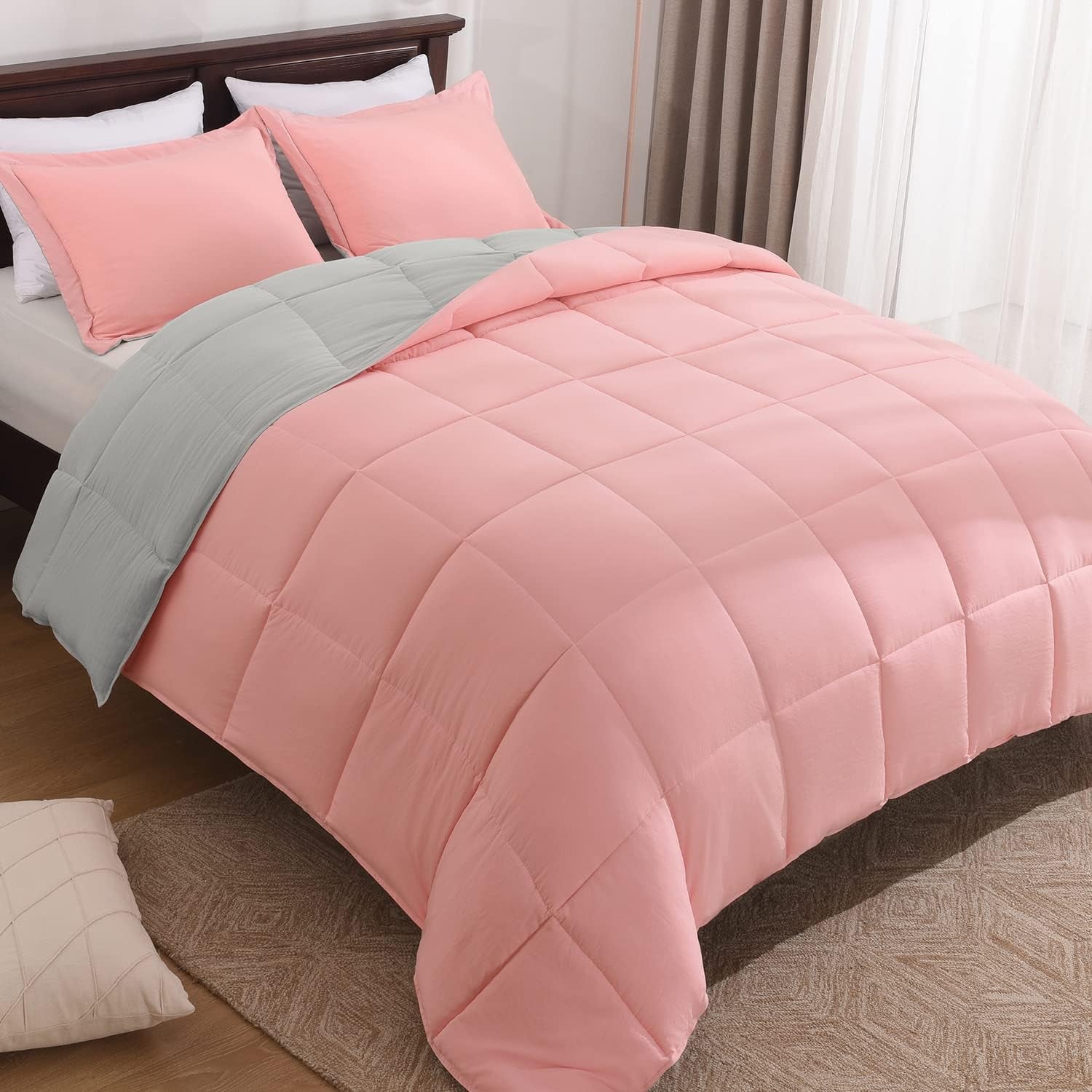 Twin Comforter Set - Fluffy Twin Bed Comforter Set - Reversible Pink and Grey Twin - 2 Pieces (1 Comforter + 1 Pillow Sham)