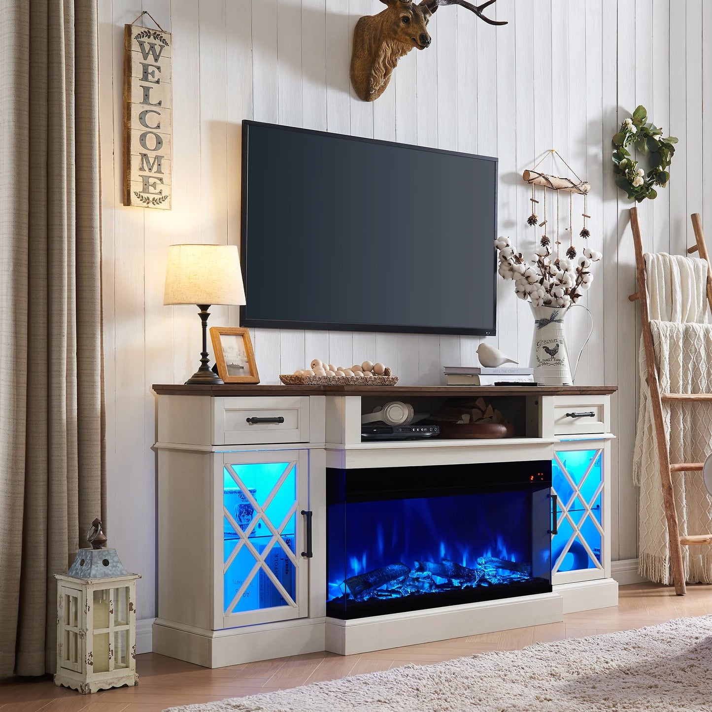 3-Sided Glass Farmhouse 70" Fireplace TV Stand for Tvs up to 80", with 36" Electric Fireplace, Antique White