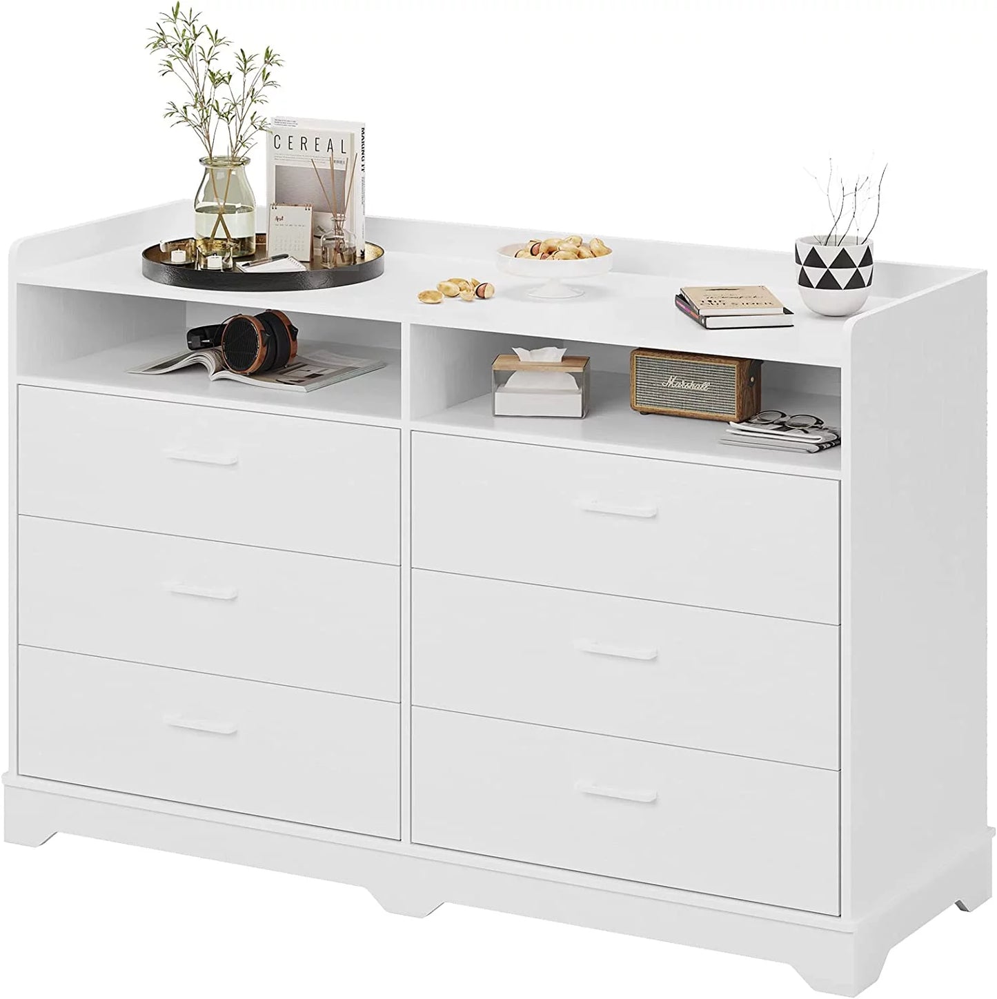 6 Drawers Dresser, 2 Open Cubby, White