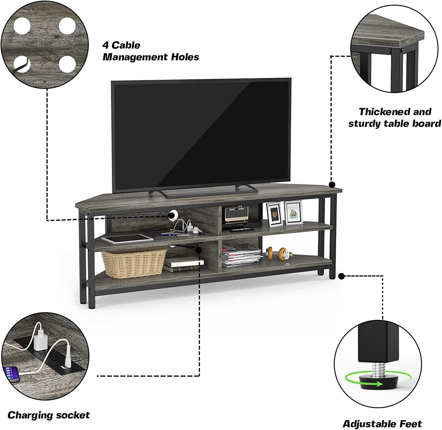 TV Stand with Power Outlet, 4 Open Storage Cabinet Shelve, for 55 Inch TV, Gray Oak