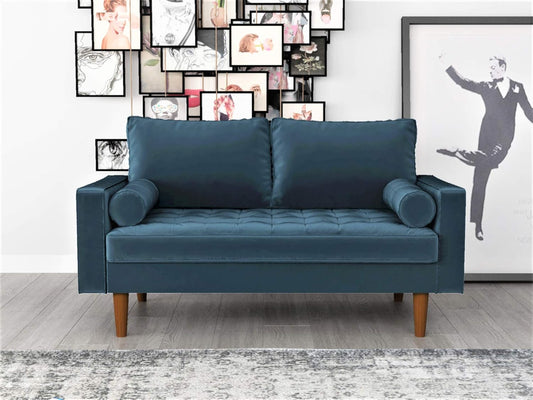 Womble Mid Century Modern Velvet Upholstered Tufted Seat with Bolster Pillows, Loveseat, Oxford Blue