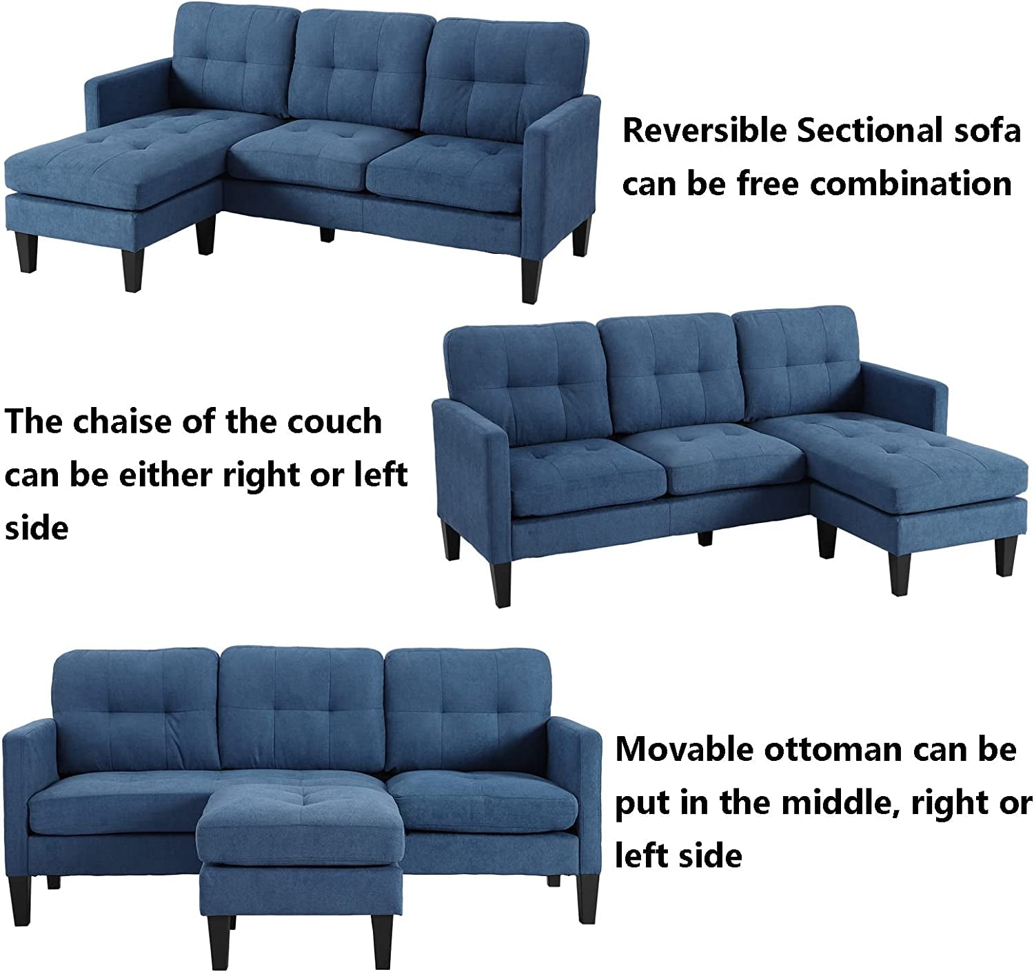 L-Shaped Couch Modern Sofa Set with 3-Seat Couch and Reversible Chaise (Blue)