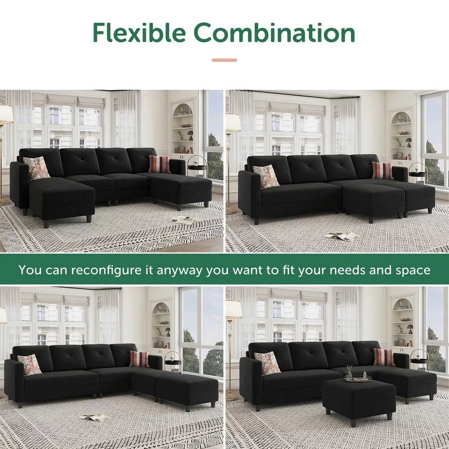 Modern Sectional Couch with Tufted Back Cushions, Black