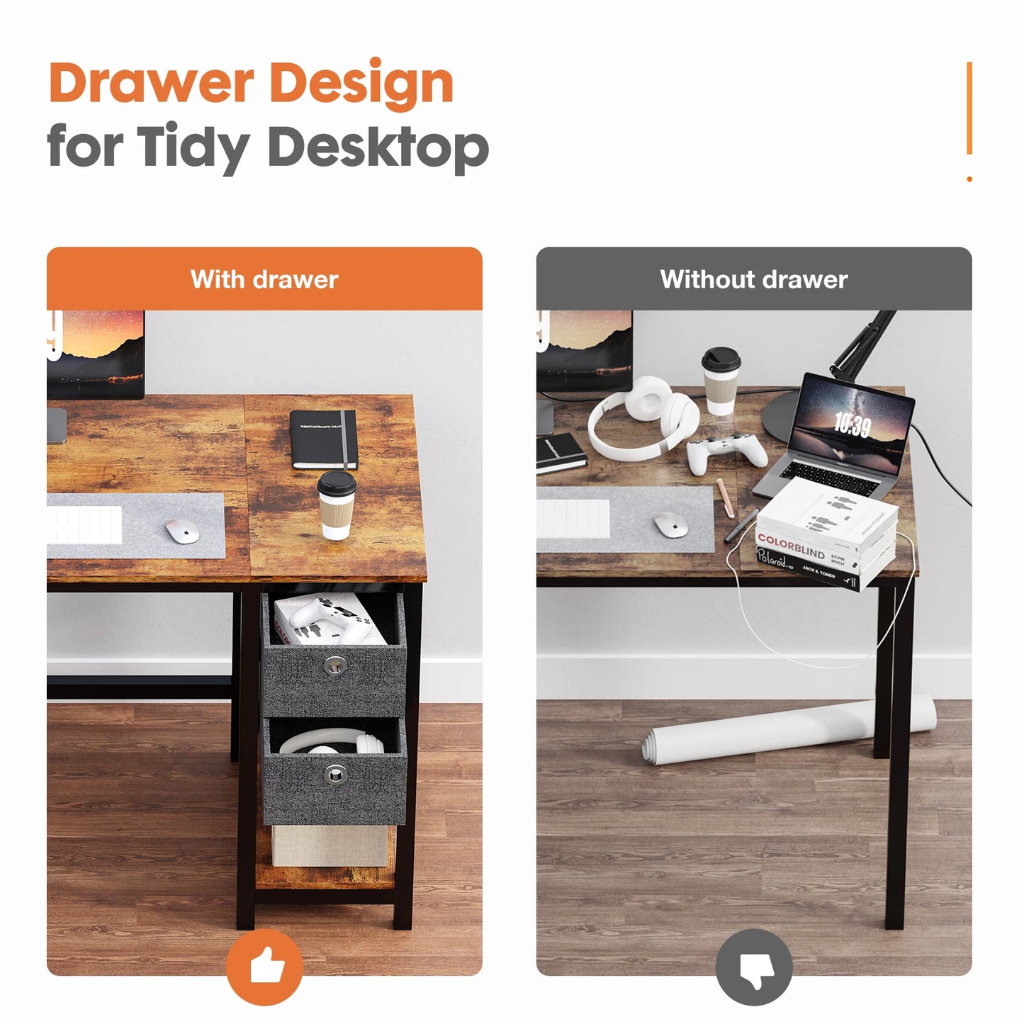 Computer Desk with Drawers 55 Inch, with 2-Tier Drawers