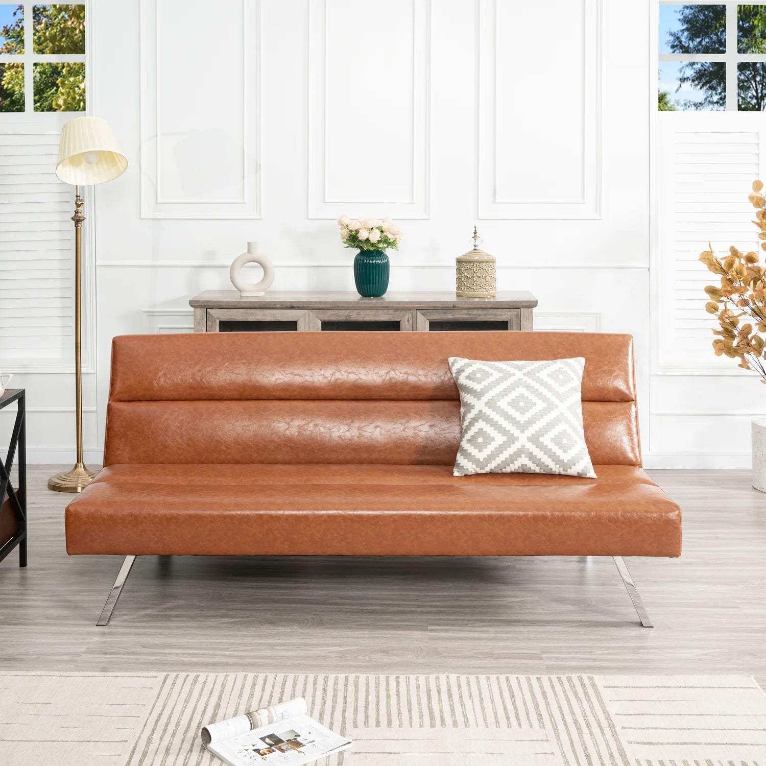 Faux Leather Futon Couch, Chrome Legs, Reclining Mini Couch - Caramel