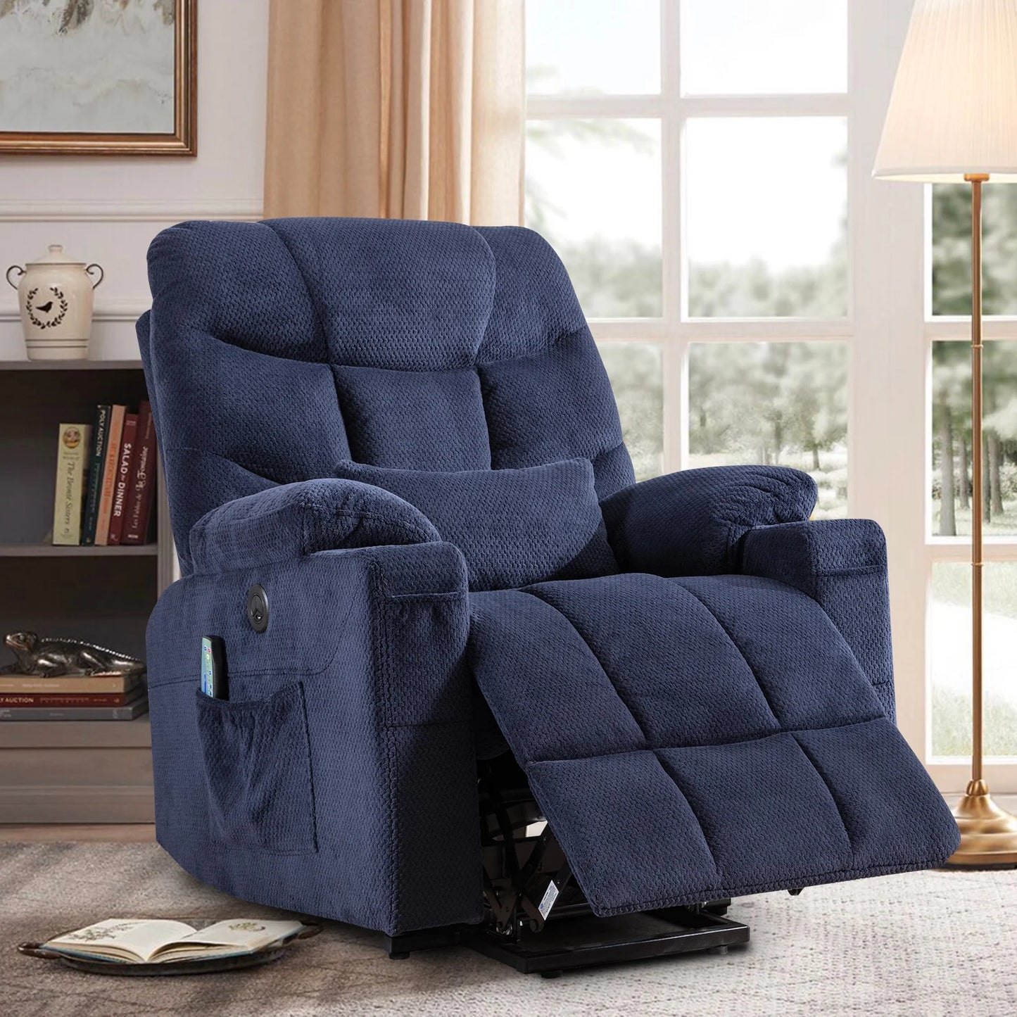 Power Lift Recliner Chairs Velvet Electric Recliner with Vibration Massage & Heat Function, Blue