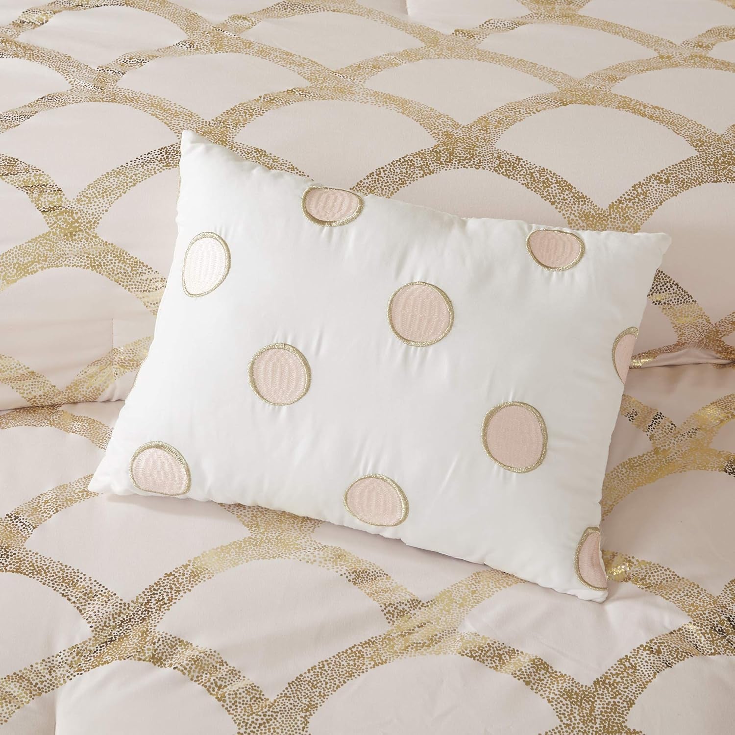 Lorna Metallic Mermaid Scale Scallop Print Comforter with Polka Dots Sheet Set, Twin, Blush 6 Piece