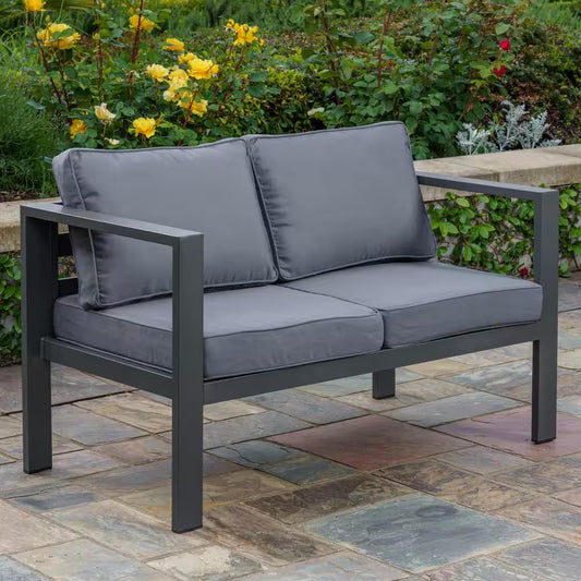 Aluminum Outdoor Loveseat with Cushionguard plus Charcoal Cushions