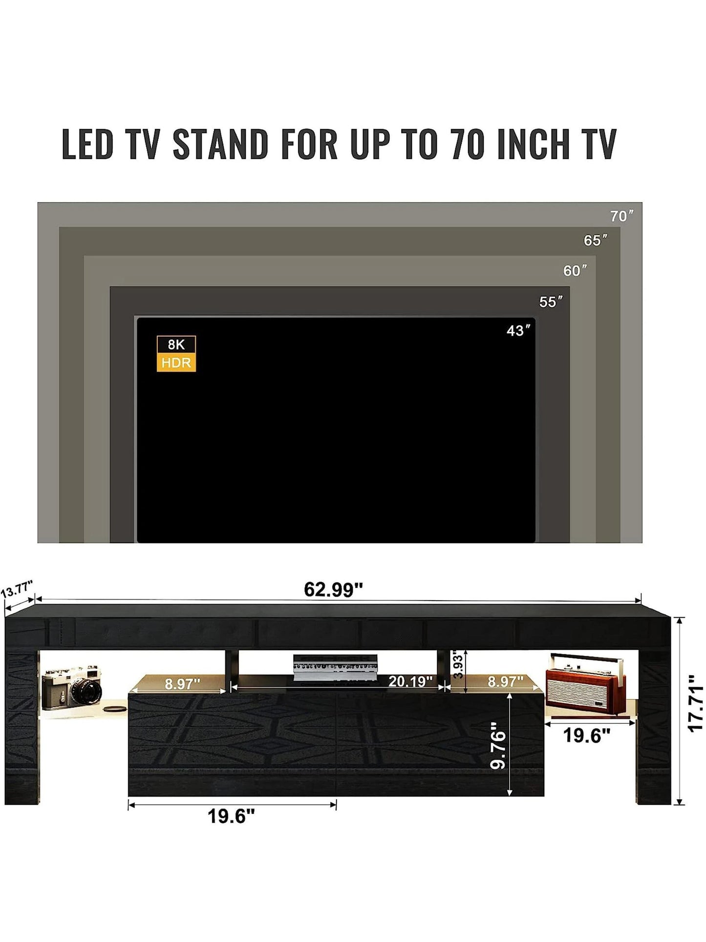 63 Inch TV Stand, Led  Glossy Entertainment Center, for 60/65/70 Inch 