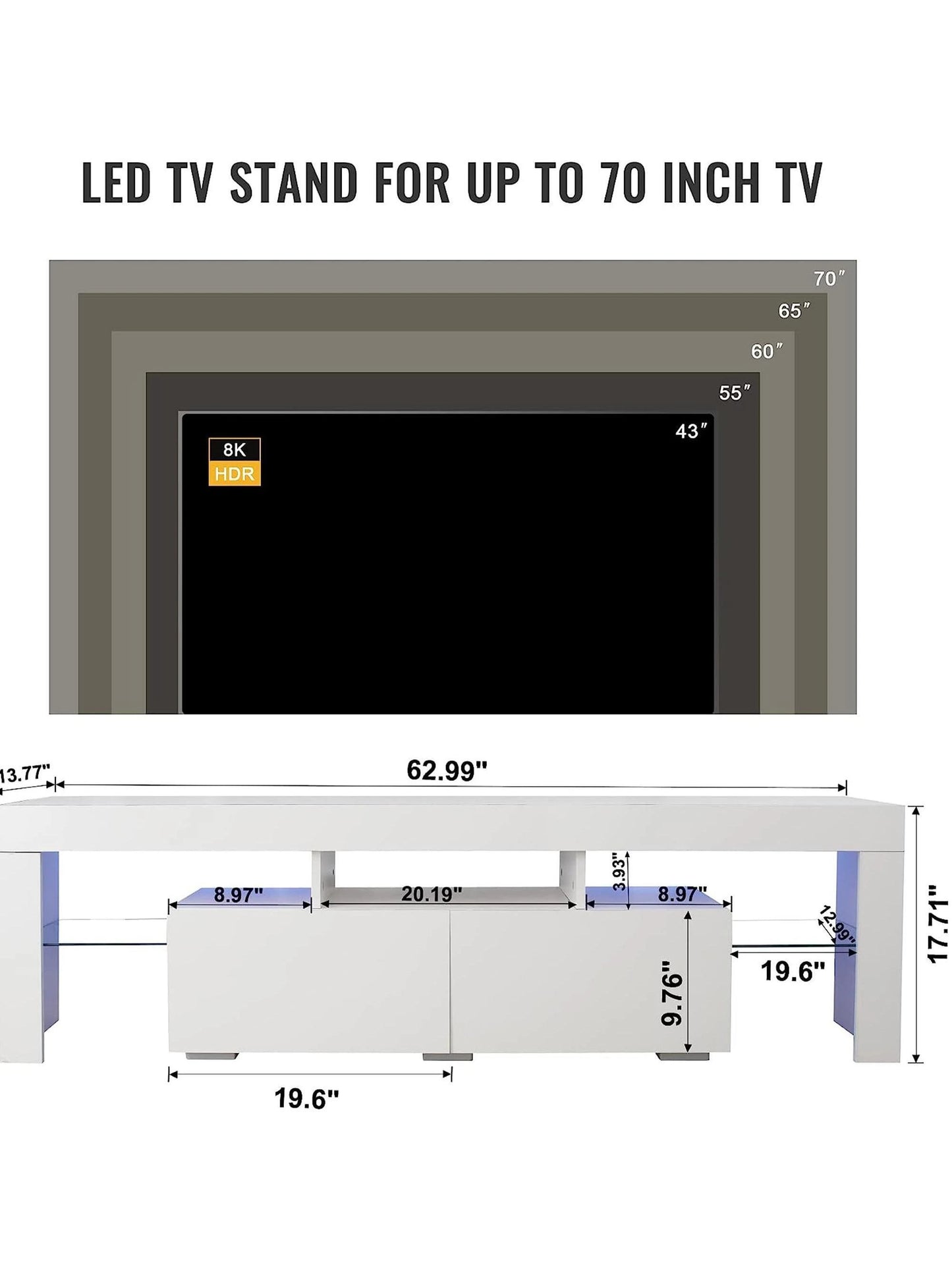 63 Inch TV Stand, Led  Glossy Entertainment Center, for 60/65/70 Inch 