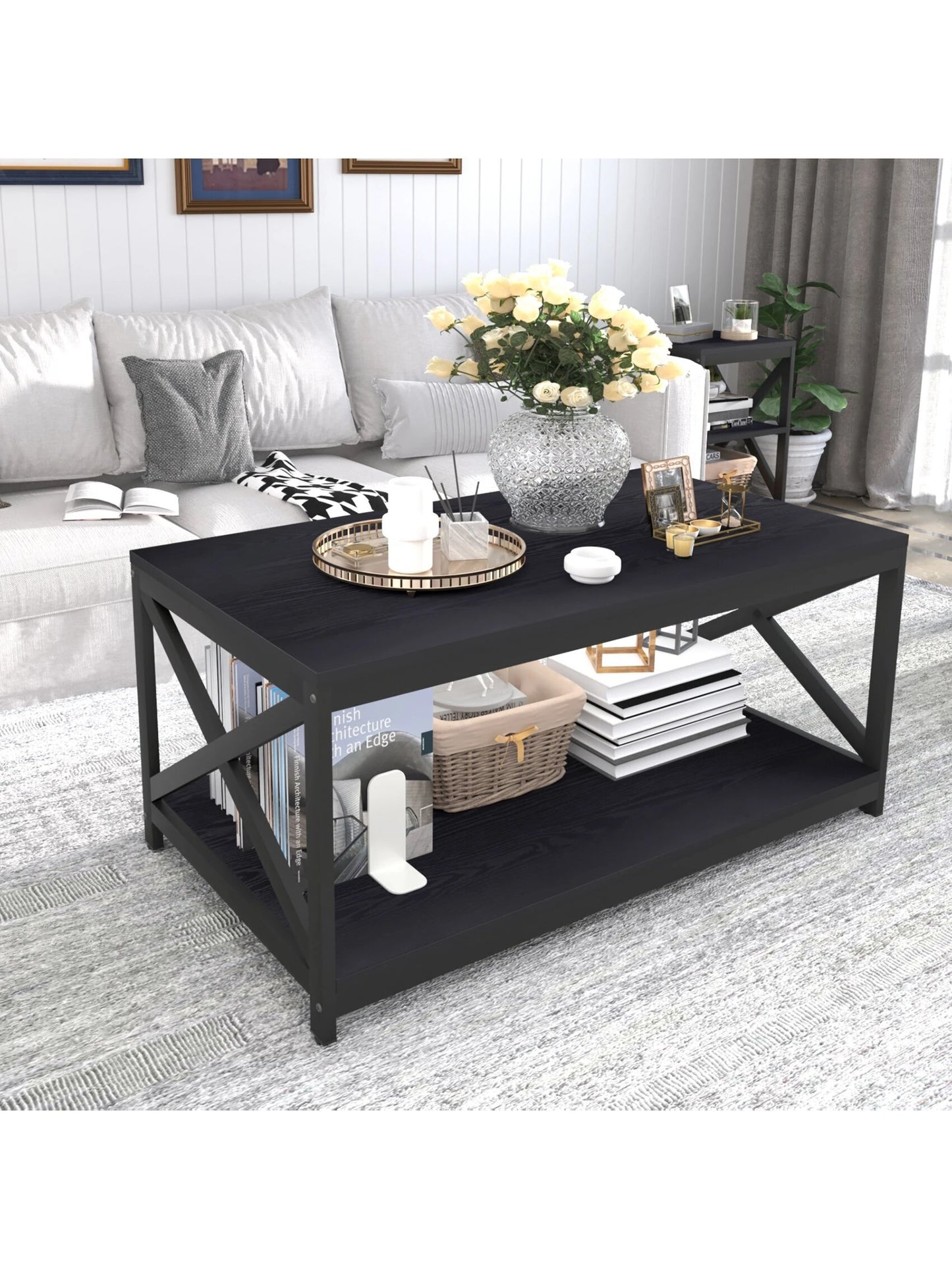 3pc Coffee Table, Modern X-Design Coffee Table and 2 End Side Tables with Storage, Black