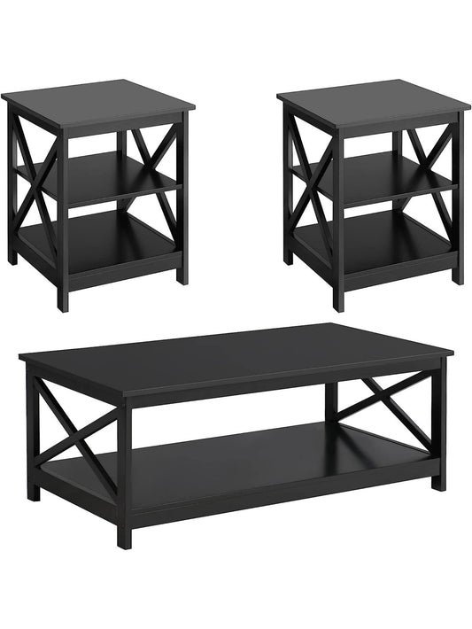 3pc Coffee Table, Modern X-Design Coffee Table and 2 End Side Tables with Storage, Black